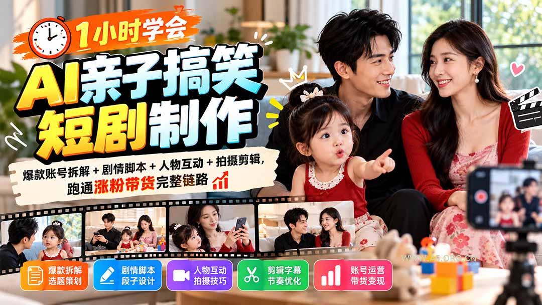 1小时学会AI亲子搞笑短剧制作：爆款账号拆解+剧情脚本+人物互动+拍摄剪辑，跑通涨粉带货完整链路-小红泡
