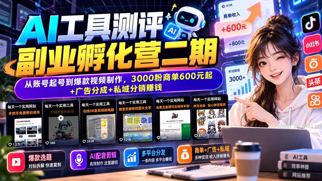 AI工具测评副业孵化营二期：从账号起号到爆款视频制作，3000粉商单600元起+广告分成+私域分销赚钱-小红泡