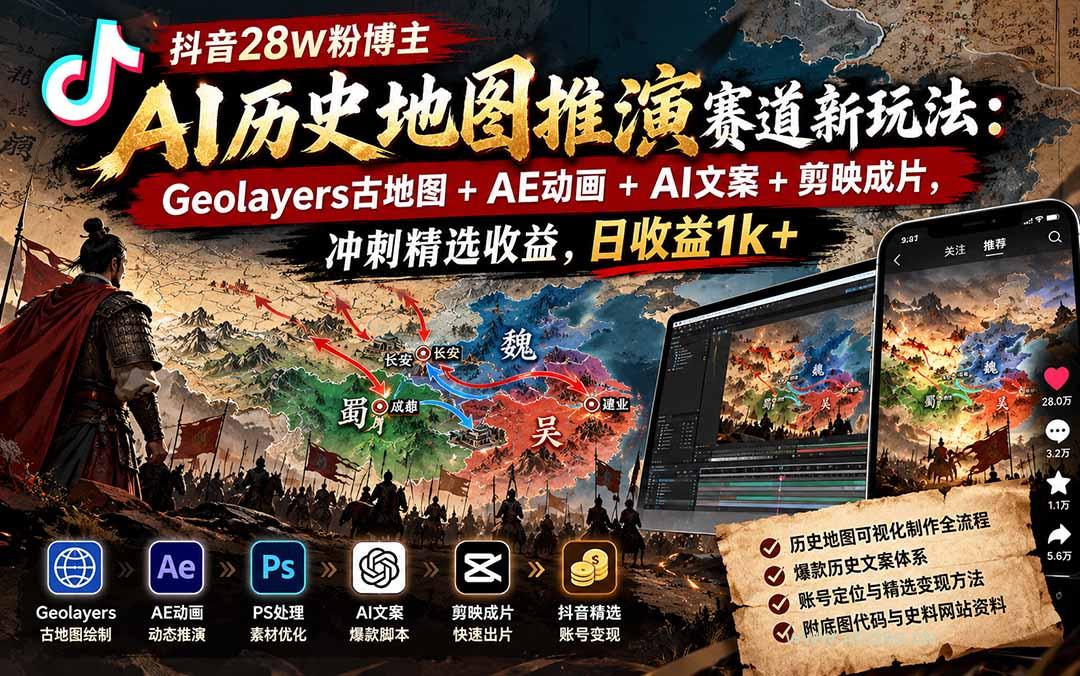 抖音28W粉博主AI历史地图推演赛道新玩法：Geolayers古地图+AE动画+AI文案+剪映成片，冲刺精选收益，日收益1k+-小红泡